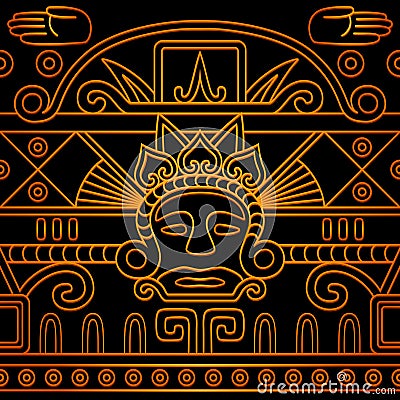 Golden Aztec calendar-inspired seamless pattern Vector Illustration